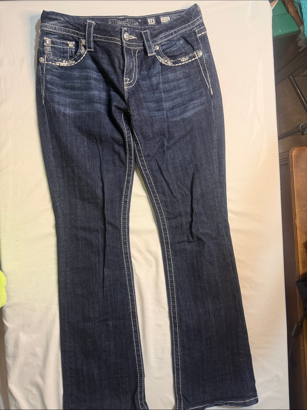 Miss Me Dark Blue Bootcut Jeans with Contrast Stitching
